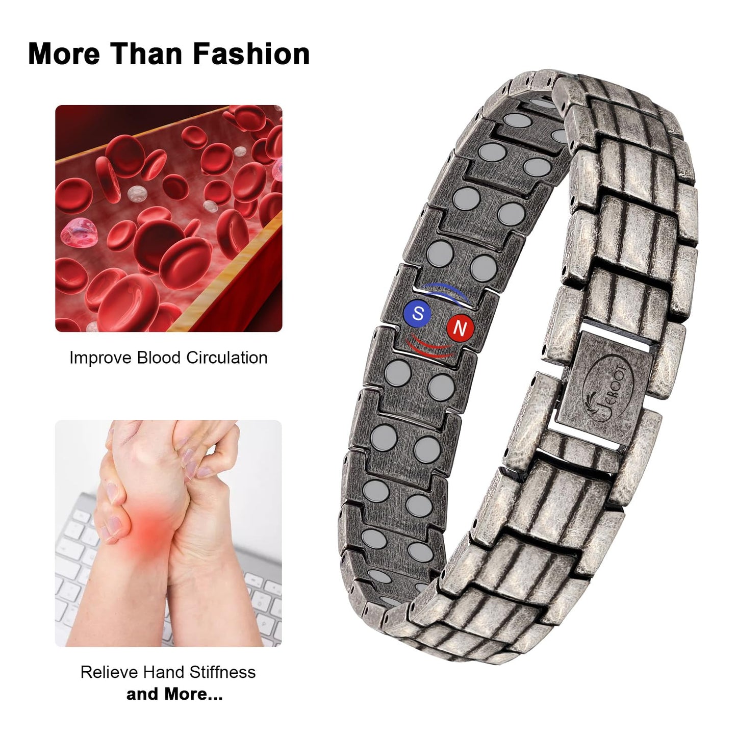 JEROOT Magnetic Bracelets for Men, Pure Titanium Bracelet (3500Gauss Per Magnet), Men's Bracelet Lymphatic Jewelry Gifts（Ancient silver）