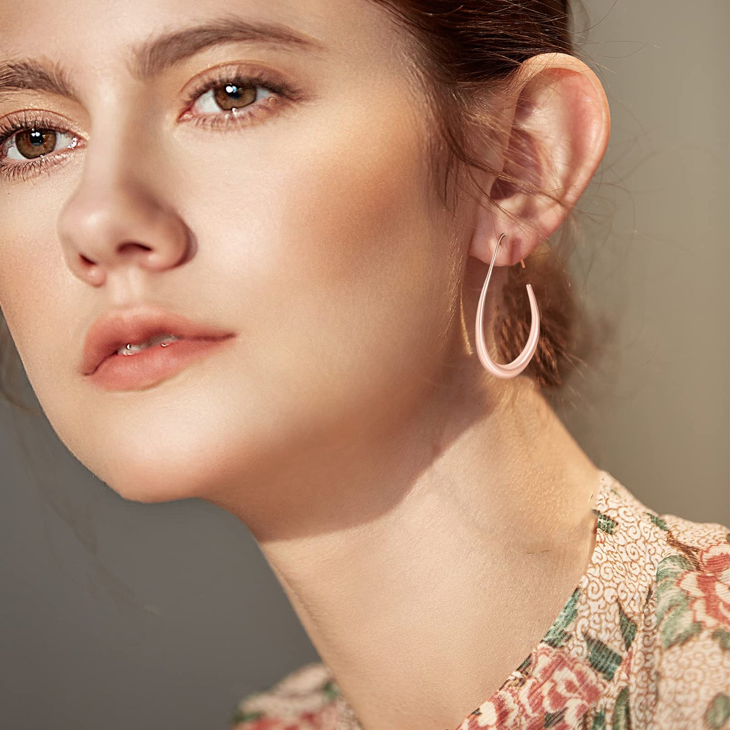 Lightweight Teardrop Hoop Earrings for Women - 14k Gold/White Gold Plated Large Oval Pull Through Hoop Earrings High Polished Statement Jewelry Gift for Women (rose gold)