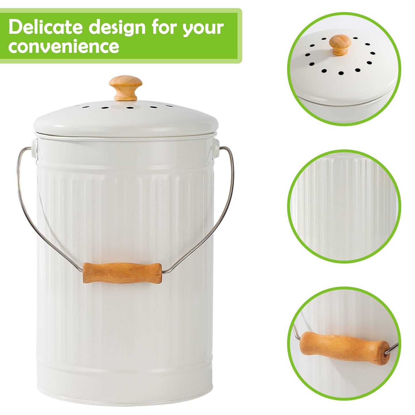 TreaHome 1.7 Gallon Kitchen Compost Bin, Indoor Countertop Compost Bin with Lid, 100% Rust Proof Compost Bucket with Non-Smell Charcoal Filters (White)