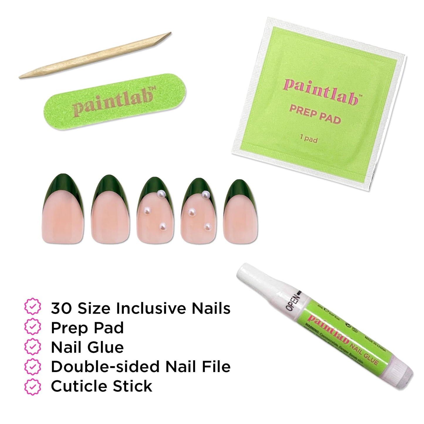 PaintLab Press-On Nails Manicure Kit, Forest Green Almond, 30-Piece Set, Long-Lasting Fake Nails with Glue, File, Prep Pad & Cuticle Stick
