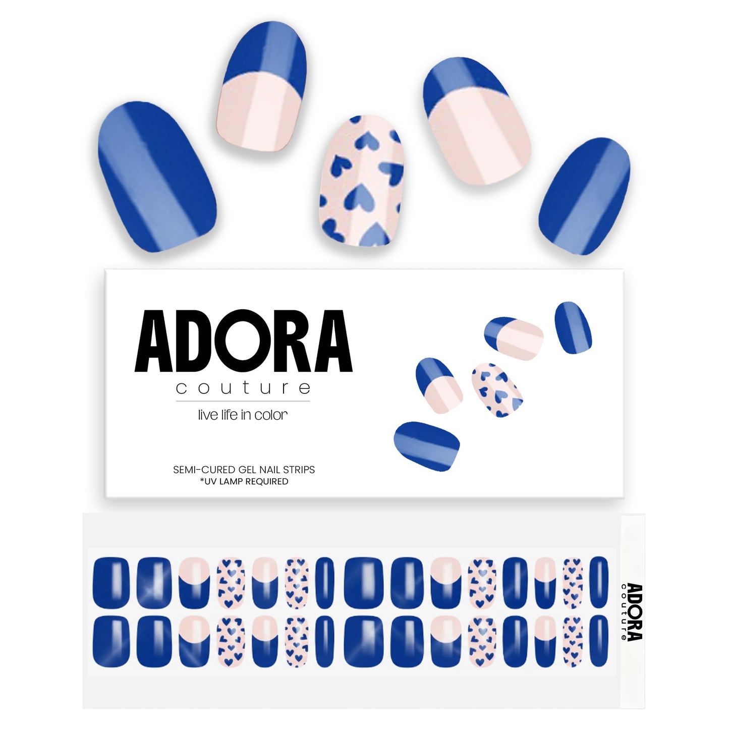 Adora Couture Semi Cured Gel Nail Strips with 30 Pieces - UV Gel Stickers, Manicure Kit, Easy Application Wraps Includes Prep Pads, Nail File, Wooden Stick - UV Light Required (Cobalt Canvas)