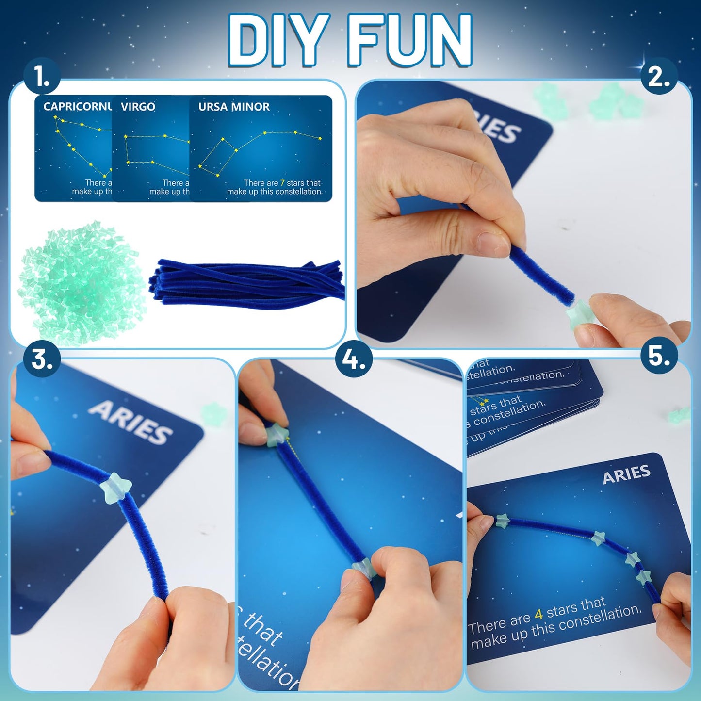 Jenaai Constellation Map Craft Kit with 24pcs Constellation Note Cards 120pcs Pipe Cleaners 1 Pack of Glow in the Dark Five Pointed Star Shaped Plastic Beads for Fun Crafting DIY Supplies