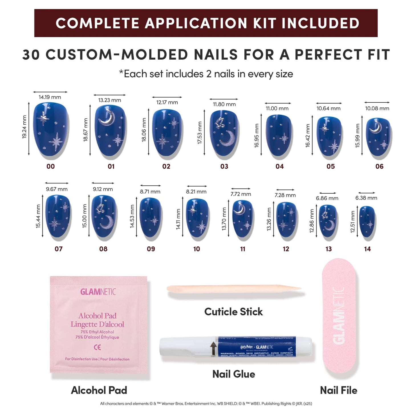 Harry Potter™ x Glamnetic Press On Nails - Luna Lovegood™ | Blue Moon & Star Celestial 3D Graphic Short Oval Fake Nails in a Glossy Finish | 15 Sizes - 30 Nail Kit with Glue