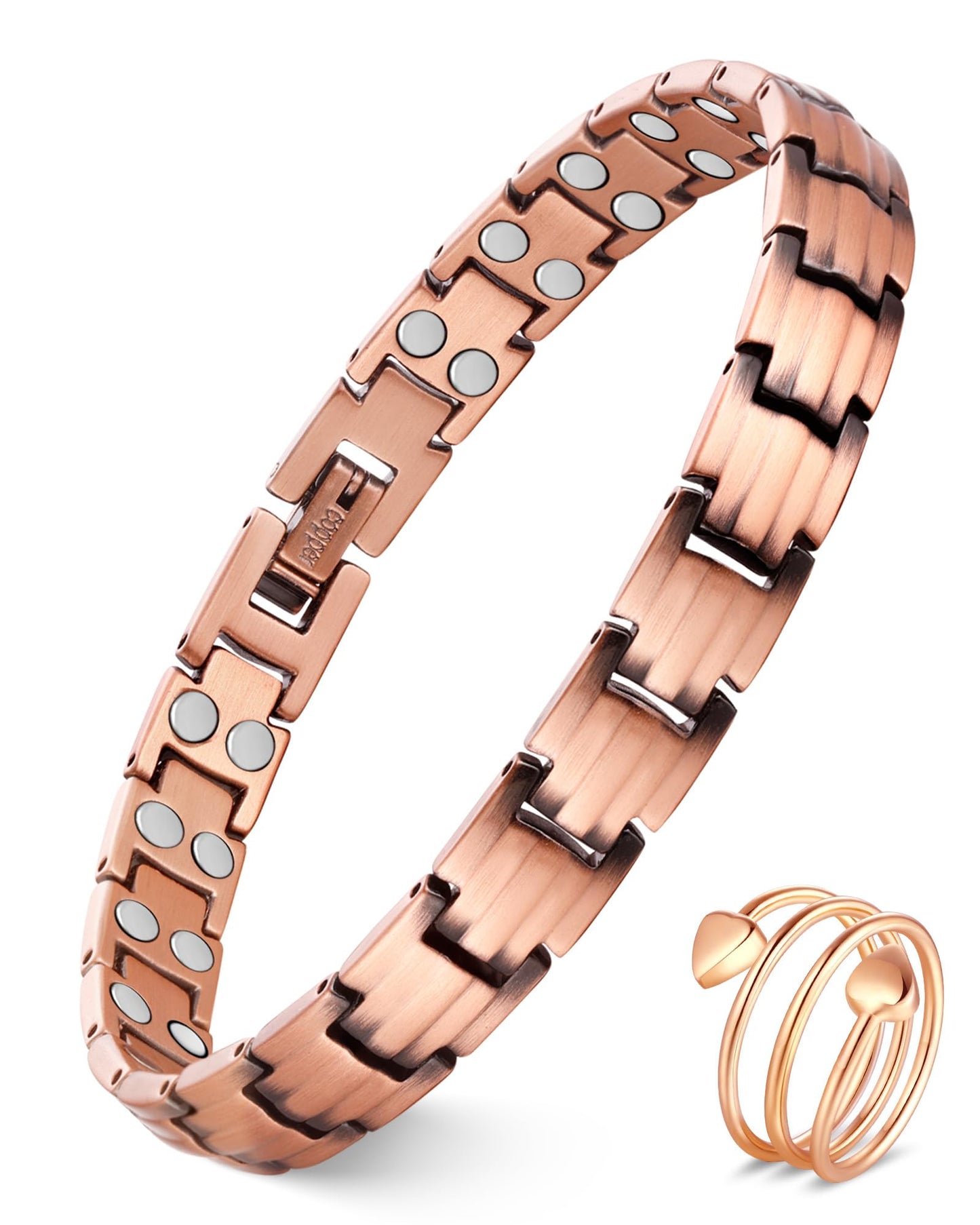 Feraco Copper Bracelets & Ring for Women, 2X Ultra Strength Magnetic Bracelet with 3500 Gauss Magnets, Adjustable with Sizing Tool, 99.99% Pure Copper Jewelry