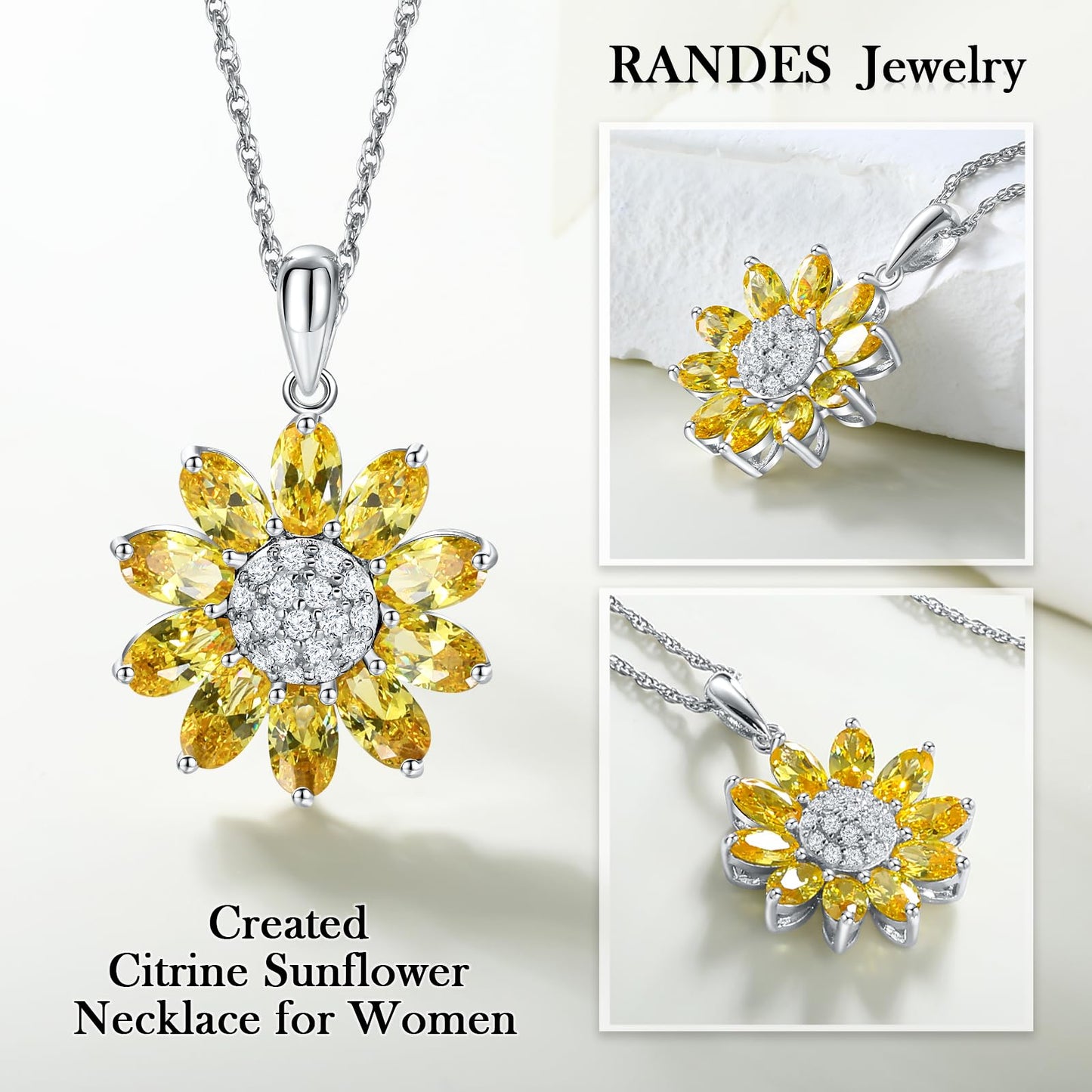 RANDES 925 Sterling Silver Sunflower Necklaces for Women Small Created Citrine Crystal Pendant Sunshine Flowers Necklace