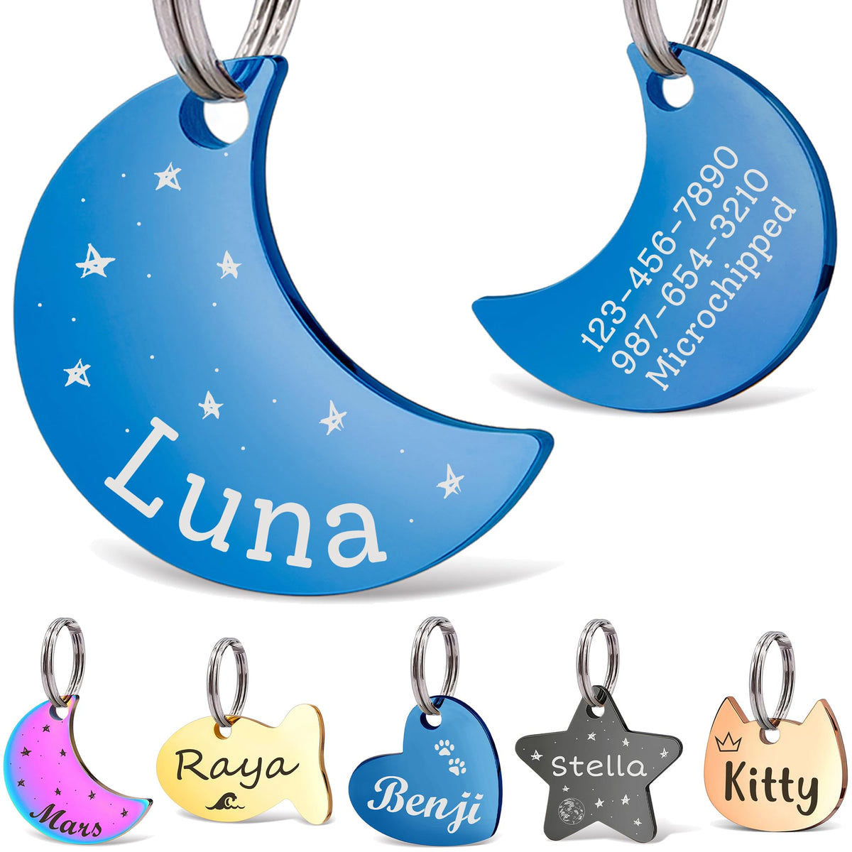 Anavia Small Size Dog Cat ID Tags, Small/XS Personalized Color Plated Stainless Steel Puppy Kitten Name Tags, Customized Engraved Nameplate Pet Collar Tag (Blue, Star)