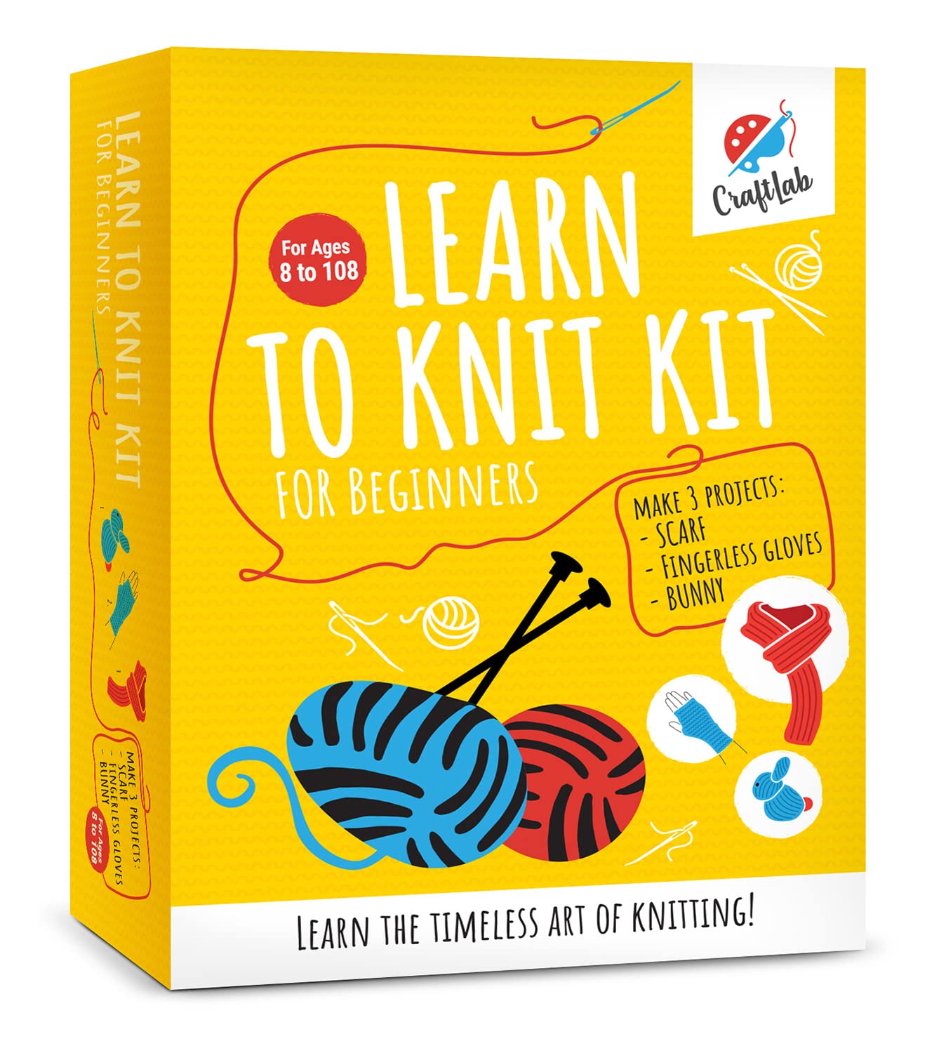 CraftLab Knitting Kit - Beginner Knitting Supplies with Wool Yarn, Needles, Instructions, DIY Gift