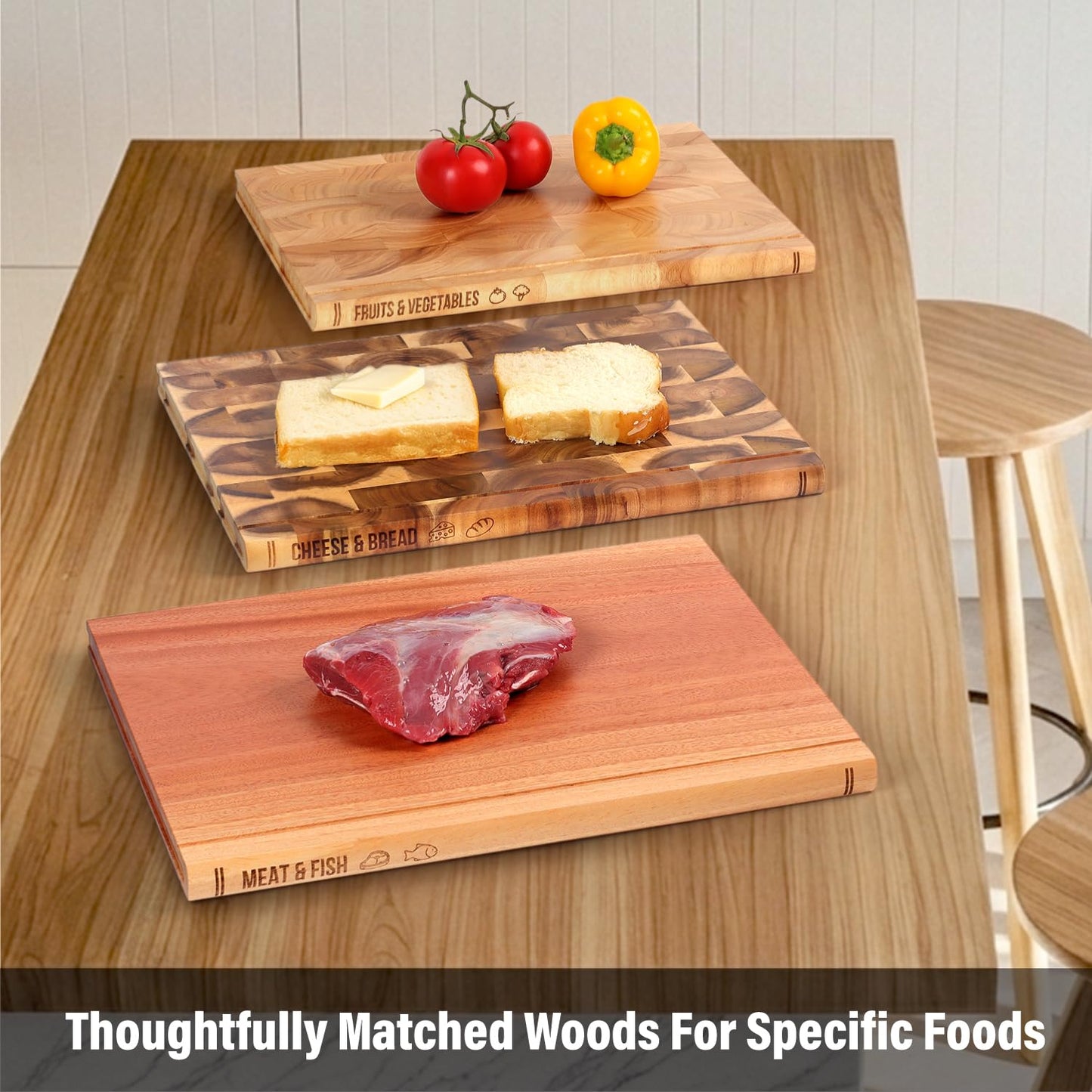 Book Cutting Board Set of 3 with Stand-The Cutting Board Library, Solid Wood Book-Shaped Boards for Serving & Display, Labeled Meat & Fish, Bread & Cheese, Fruits&Vegetables-Decorative Cutting Boards.