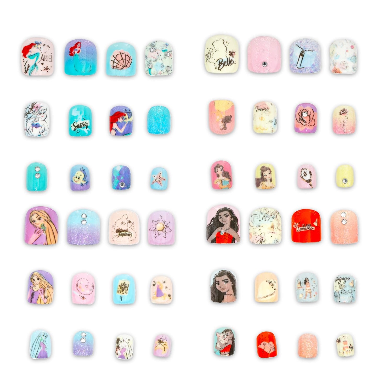 Disney Princess Press-On Nails for Kids - Bundle with 48 Stick-On Nails Featuring Ariel, Moana, Belle, Rapunzel Plus Stickers, More | Disney Princess Manicure Kit for Girls