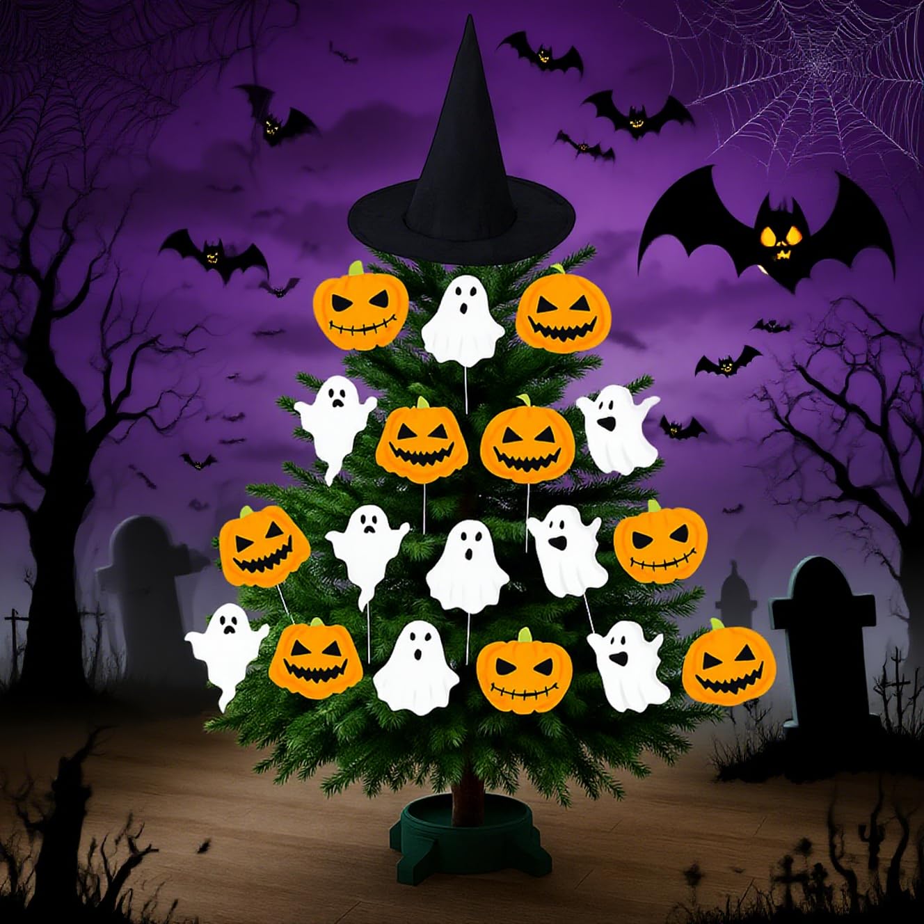 19 PCS 8 Inch Large Spooky Ghosts Pumpkin Halloween Tree Picks 15" Witch Hat Cute Trick or Treat Ghost Picks Ornaments for Tree Hanging Party Decor Topper Home School Table Vase Décor