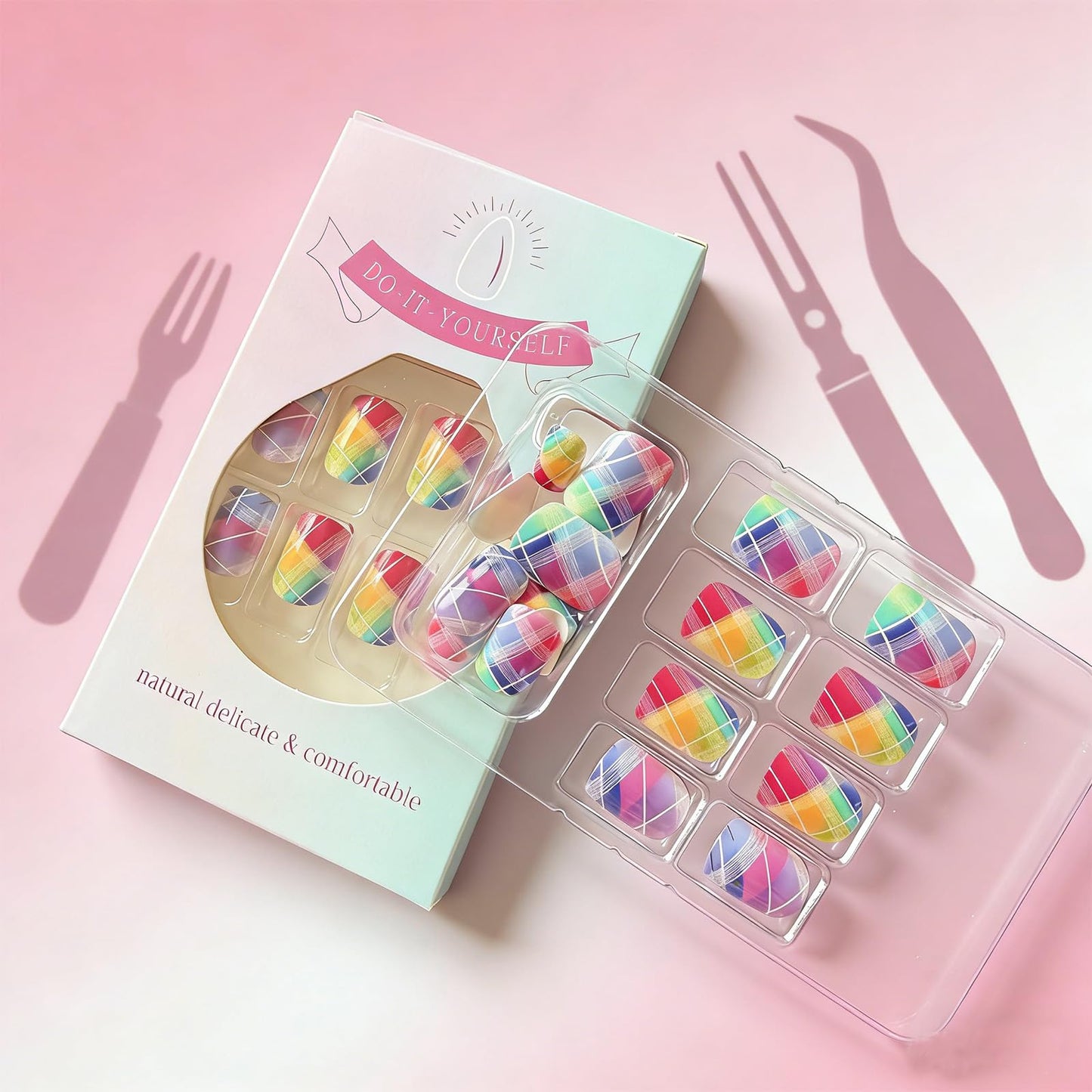 Rainbow Checkered Press on Nails Short Square Gradient Fake Nails with Designs 24Pcs Spring Summer False Nails Press ons Glossy Stick on Nail Reusable Artificial Glue on Nails for Women