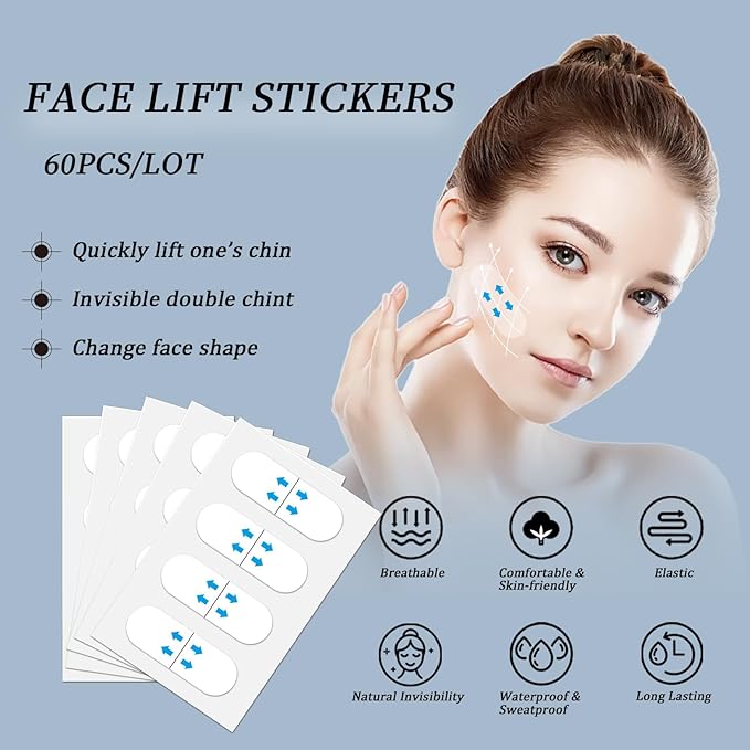 Invisible Face Lift Tape - 60 PCS Instant V-Shape Lift Patches for Jawline, Neck & Eyes | Waterproof Wrinkle-Smoothing Tape for Sagging Skin & Double Chin