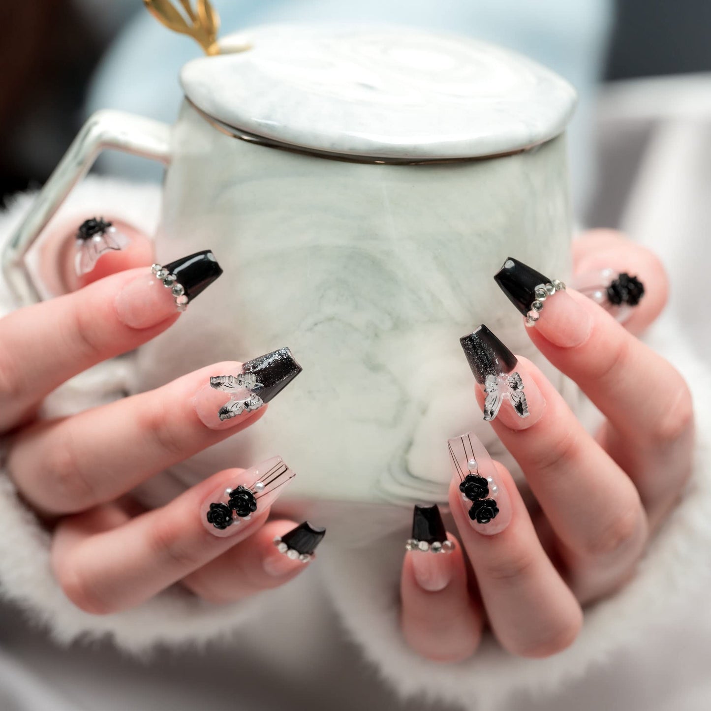 Sun&Beam Nails Handmade Long Coffin Ballerina Nude False Nail Tips with Cute 3D Black Flower Butterfly Diamond Popular Charm Design Press On Nails 10 Pcs (#69 M)