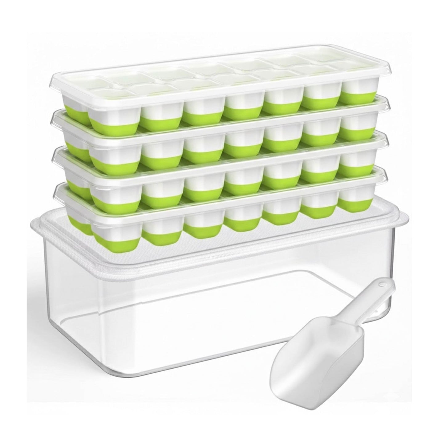 Ice Cube Trays with Lid and Bin, 4 Pack Silicone Ice Cube Tray for Freezer, Stackable Ice Storage Container with Scoop, for Drinks, Coffee, Cocktail