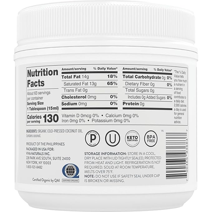 Viva Naturals Organic Coconut Oil, 32 fl oz – Unrefined, Cold-Pressed Extra Virgin Coconut Oil, USDA Organic & Non-GMO, Natural Cooking Oil, Hair Oil & Skin Oil