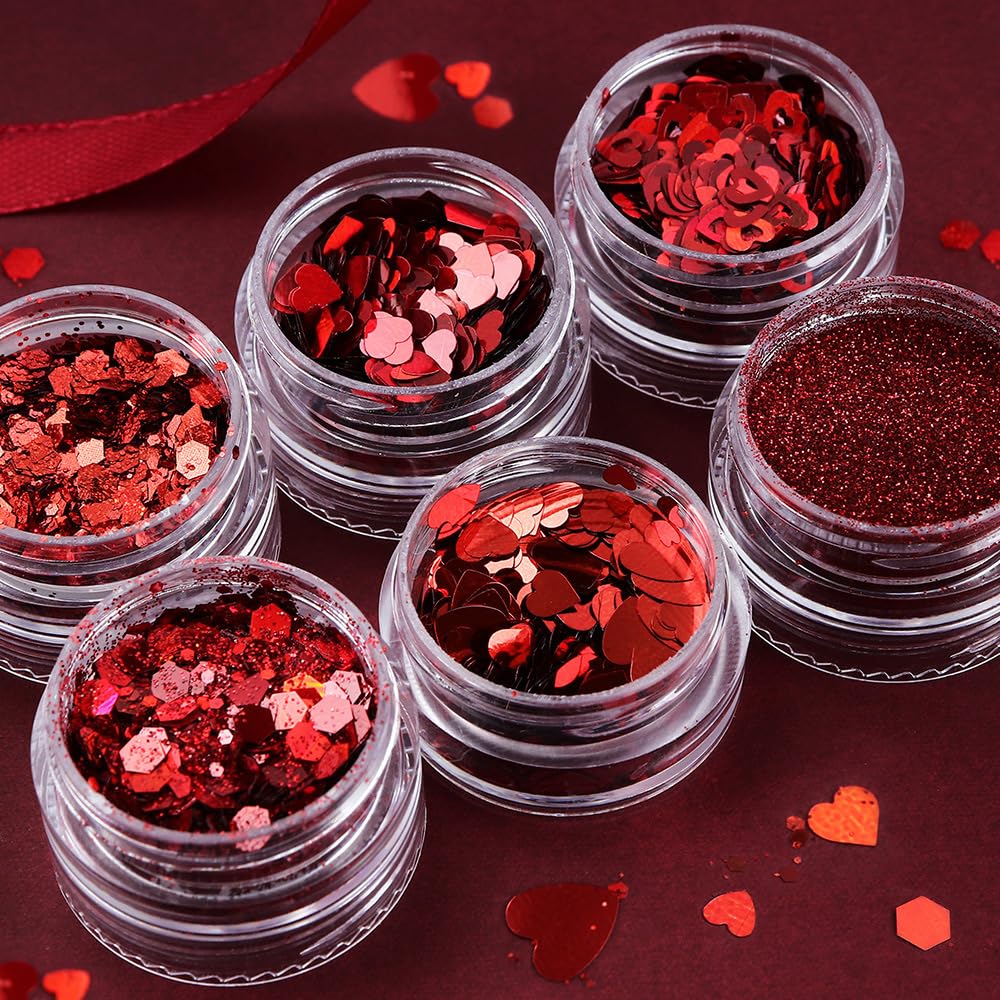 LPOODDNU Valentines Nail Art Glitters Red Nail Sequins Valentine’s Day Nail Art Decorations 3D Heart Shape Nail Decals Romantic Red Glitters Flakes for Nails Supply DIY Craft Accessories, 6 Grids