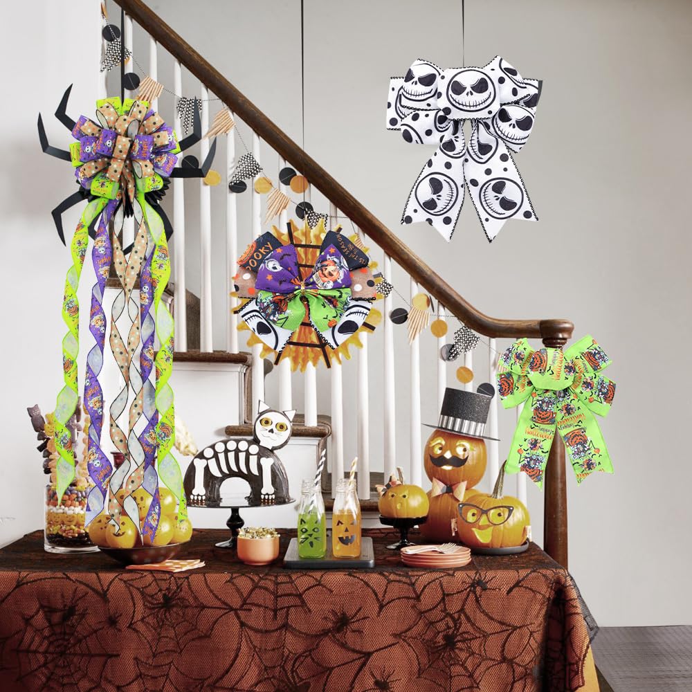 6 Rolls Nightmare Before Christmas Wired Ribbon 1.5" & 2.5" - Halloween Jack Skellington Sally Ribbon with Pumpkin/Spider/Bat/Patterns for Fall Halloween Christmas Decor, Wreath Bows, Gift Wrapping
