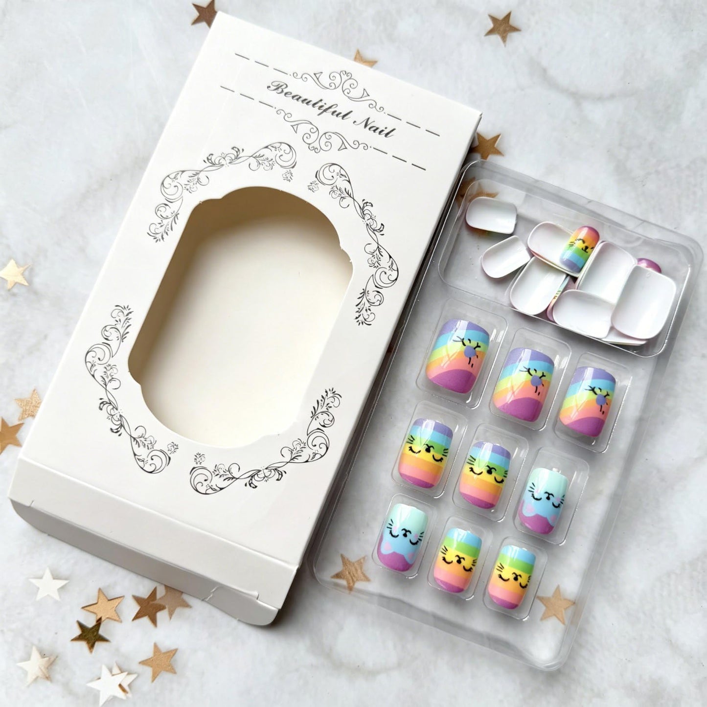 Short Press on Nails Cute Cat Fake Nails with Rainbow Stripes Design Square Shape Acrylic Nails Spring Summer Glue on Nails Glossy False Nails Holiday Full Cover Stick on Nails for Women Manicure
