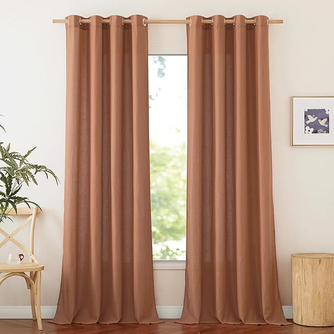 NICETOWN Caramel Linen Curtains for Kitchen, Thick Flax Small Window Treatments Semi Sheer Privacy Assured with Light Through for Cafe/Bathroom, W55 x L144, 2 Panels