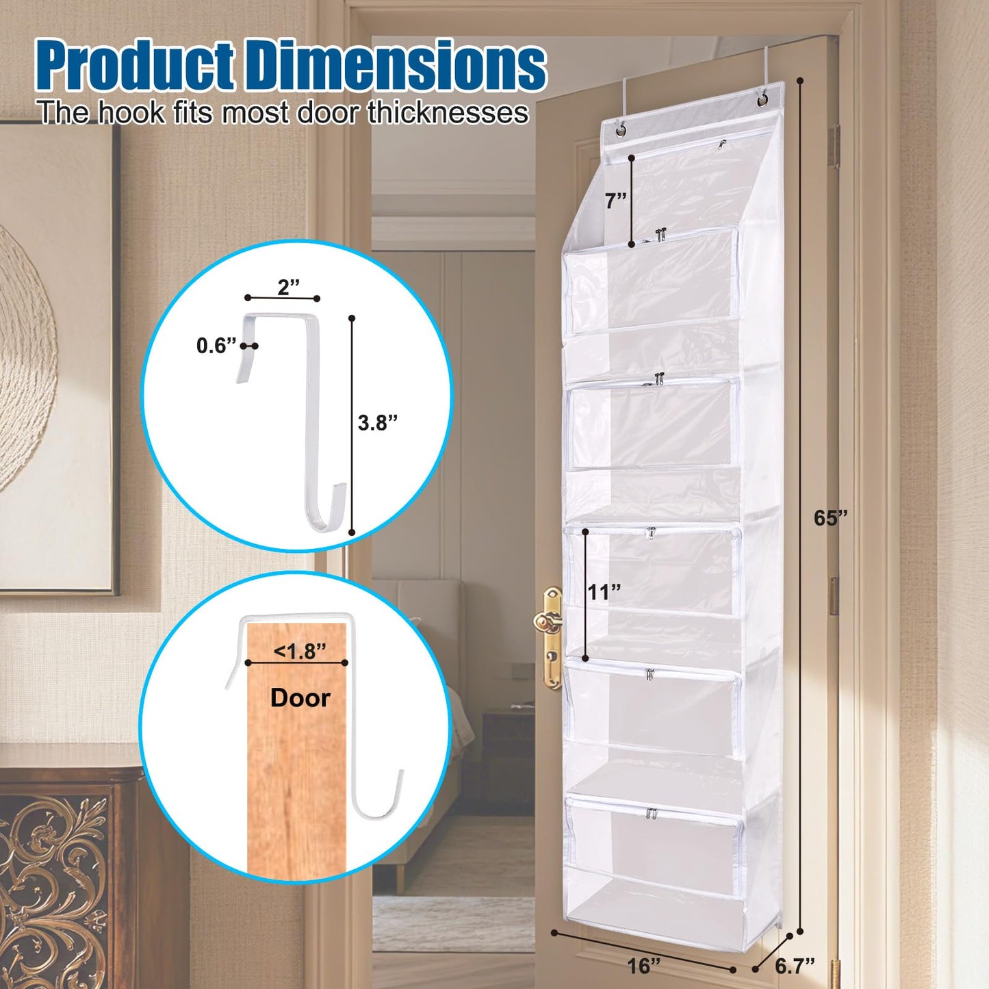 Hanging Yarn Storage Organizer, Large Capacity Knitting Organizer Storage with 6 Zipper Closure Compartments, Transparent Over Door Yarn Storage for Crochet Hook, Knitting Needles and Yarn Balls