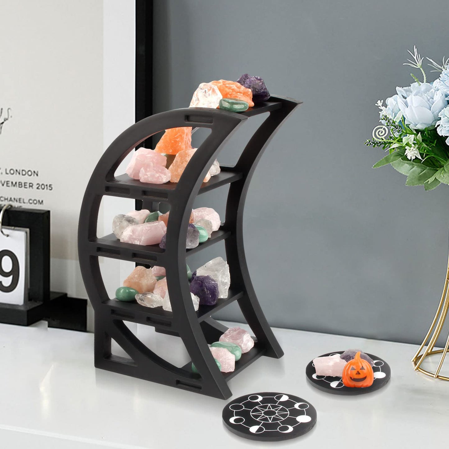 Kiusatig Crescent Moon Shelf Crystal Shelf Display Holder Black Shelves for Goth, Boho Decor for Room,Table, Wiccan Decor,Moon