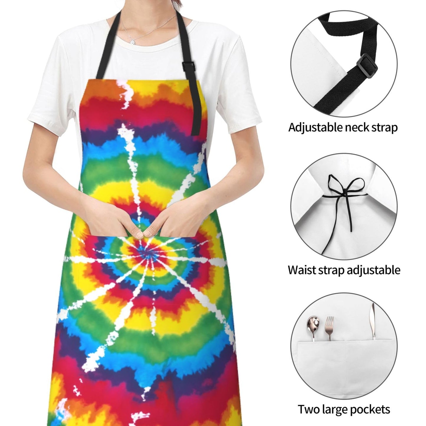 Abucaky Rainbow Tie Dye Waterproof Apron For Adults Colorful Tie-Dye Chef Bib With 2 Pockets For Kitchen Bbq Crafting Drawing