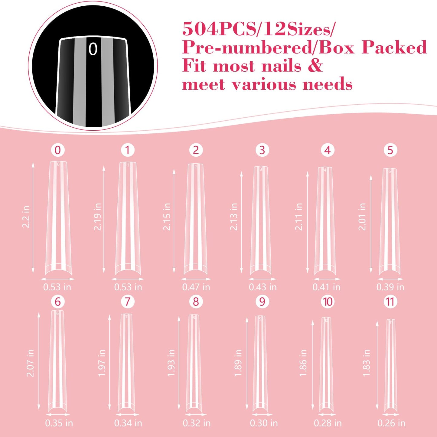 LIONVISON 3XL Coffin Nail Tips Professional, 504PCS Extra Long Tapered Square, 12 Sizes Straight Press On Gel Nails, Home DIY Salons