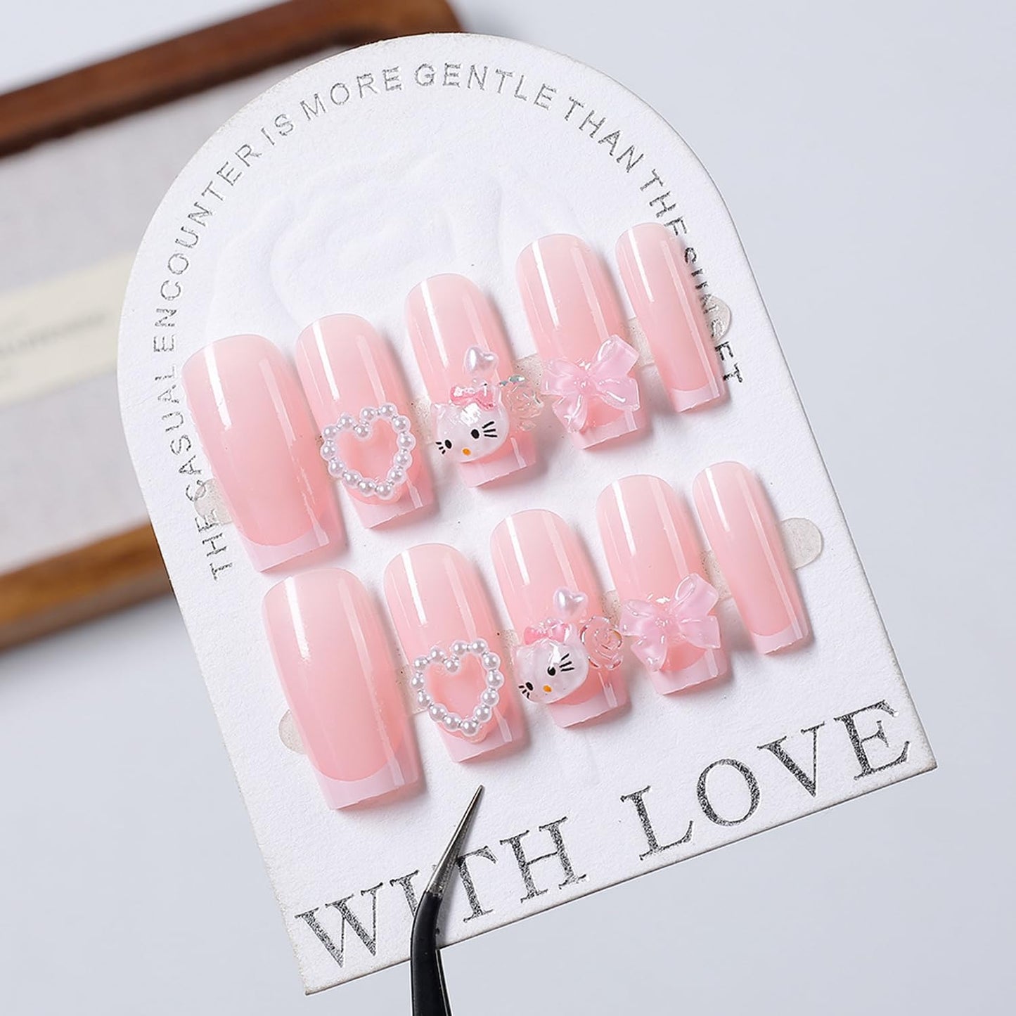 24Pcs French Tip Press on Nails Medium Length Square Fake Nails with 3D Pink Bow Heart Cute Cartoon Design Glossy Full Cover Coffin False Nail with Cute Cat Full Cover Coffin False Nail for Women