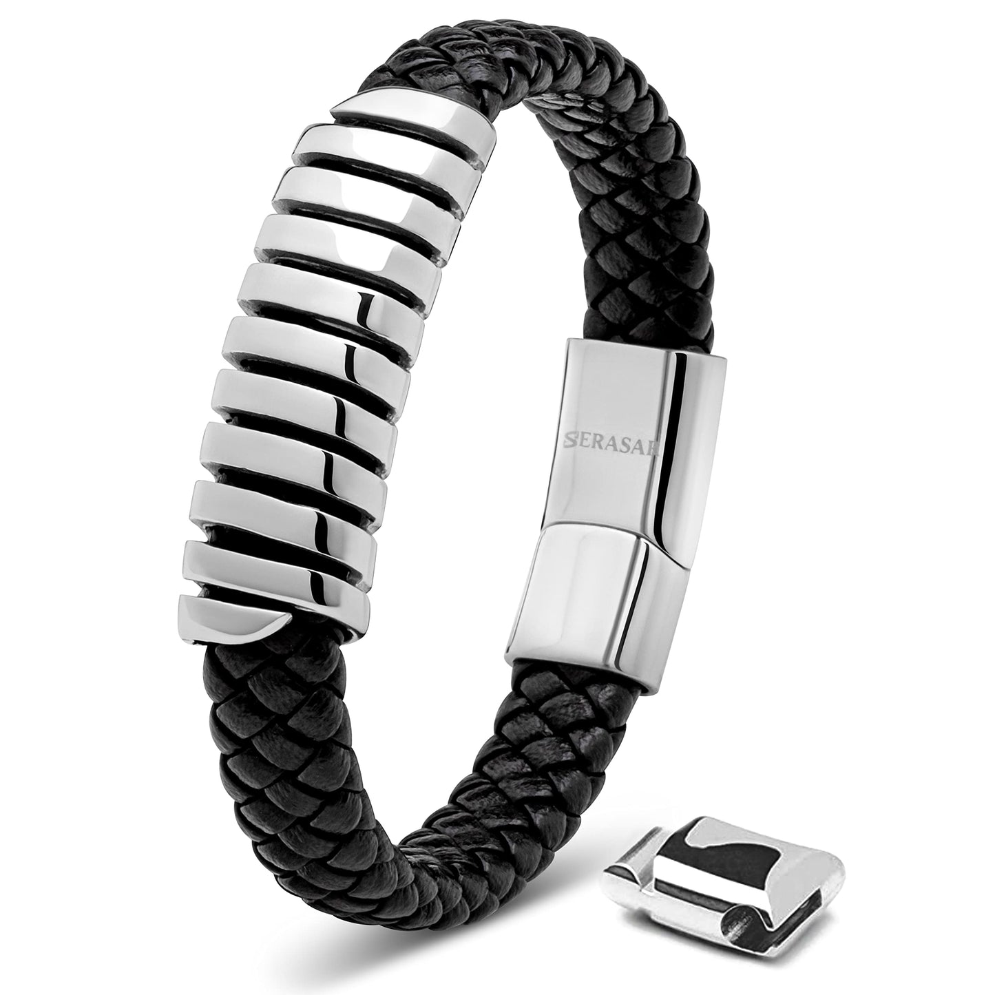 SERASAR Mens Silver Bracelets 23cm Bracelet Men Gift Box Genuine Leather Cowhide Braided Magnetic Clasp Multi Layer Wrap Rope Man Mans Male Band Jewelry Magnet Accessories