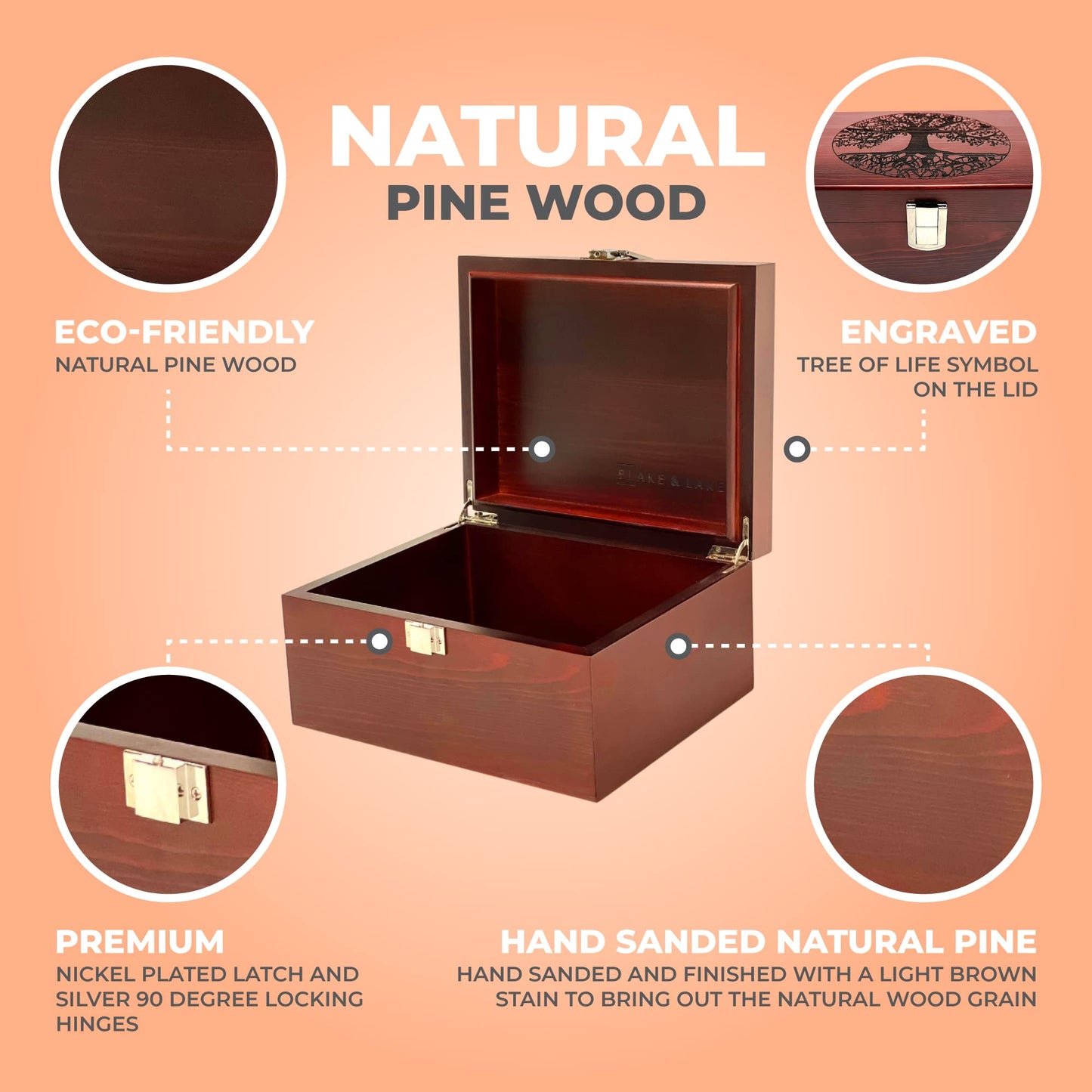 Blake & Lake Tree of Life Large Wooden Decorative Box - Wooden Keepsake Box with Hinged Lid and Metal Latch Wood Storage Boxes with Lid Engraved Design (Dark Pine Wood)