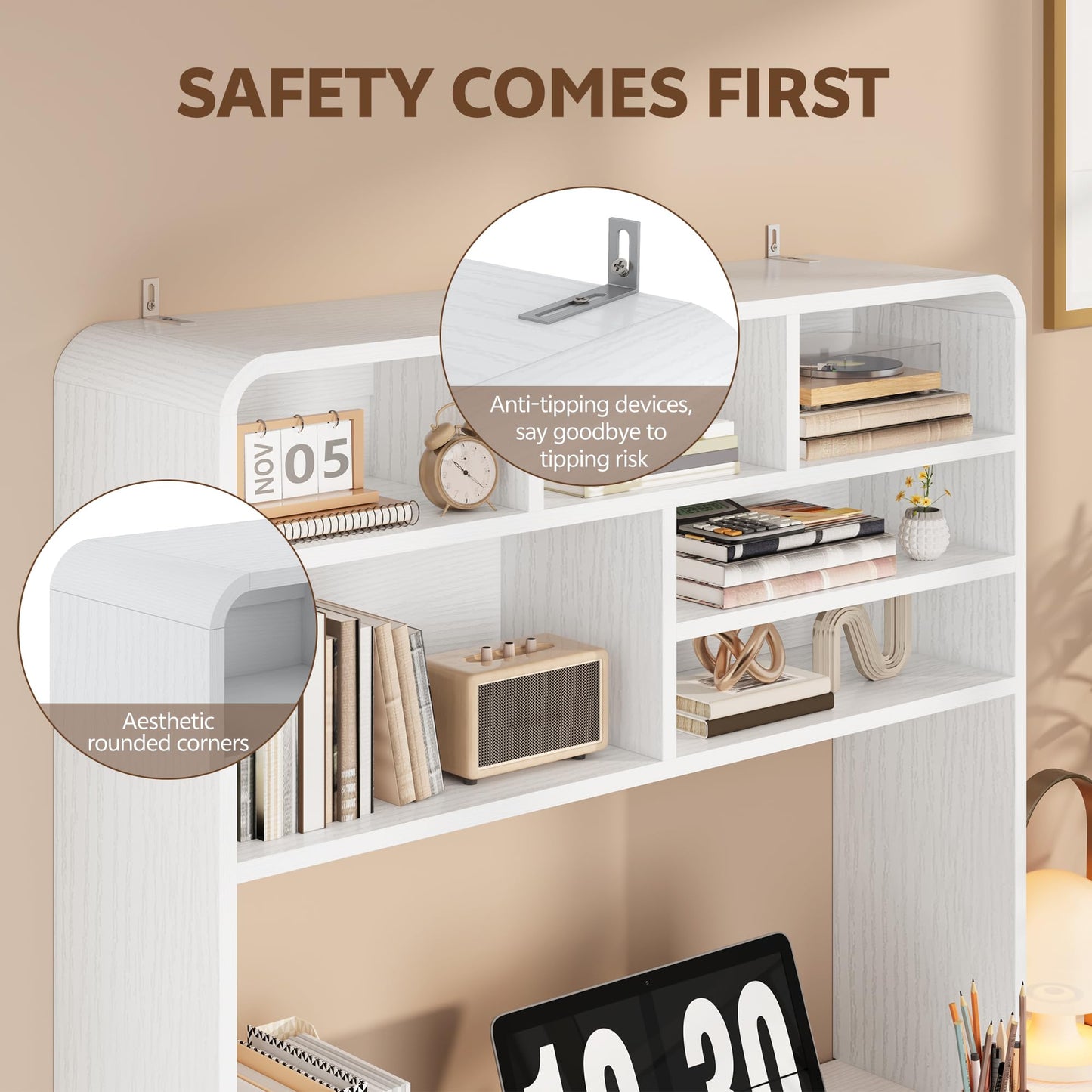 Homiflex 5-Tier Desk Shelf, 37.4''W Desktop Bookshelf for Computer Monitor, Desktop Organizer Shelf Storage Rack with 6 Cubbies, 5-Level Desk Hutch Display Rack for Home, Office, Dorm, Vanity, White