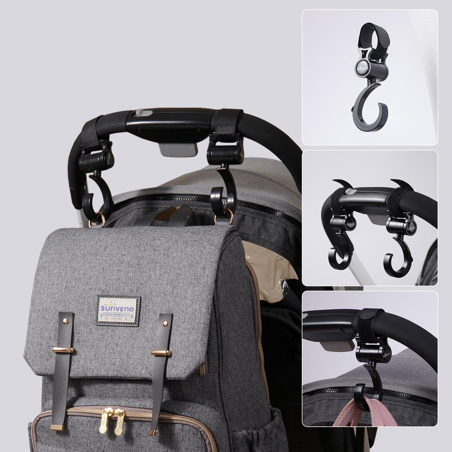 SUNVENO Stroller Hooks for Diaper Bag 4 Pack, Baby Travel Essential Heavy Duty 360° Rotating Clips, Universal Stroller Accessories for Wagons, Strollers, Carts and Bikes, Holds 10 lbs Each