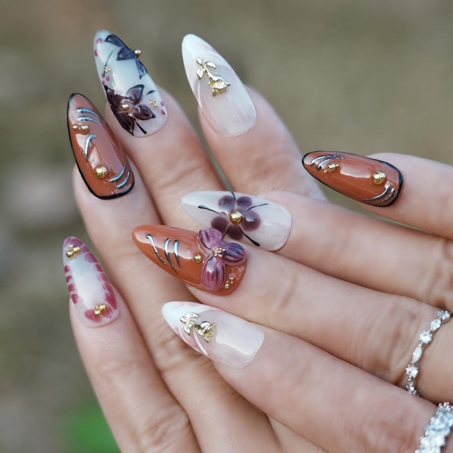 Tesytto Almond Press on Nails Handmade - 3D White Flower & Caramel Orange Glossy Design, Luxury Embossed Reusable False Nails for Daily Wear(Orange Pink Flower Glaze, M)