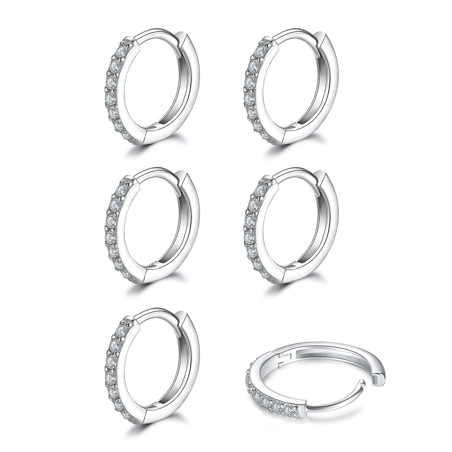 Sterling Silver Small Hoop Earrings Tiny Cartilage Earring Cubic Zirconia Cuff Huggie Earrings Mini Hoops Earrings Piercing for Women 3 Pairs 8mm