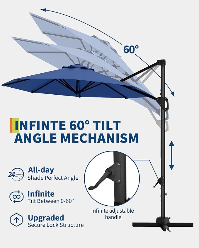 GarveeLife 10 ft Patio Umbrella Outdoor Large Cantilever Umbrella w/Base Included Market Sun Shade Windproof Offset Umbrella with 360-Degree Rotation for Garden Deck Pool Patio, Navy Blue