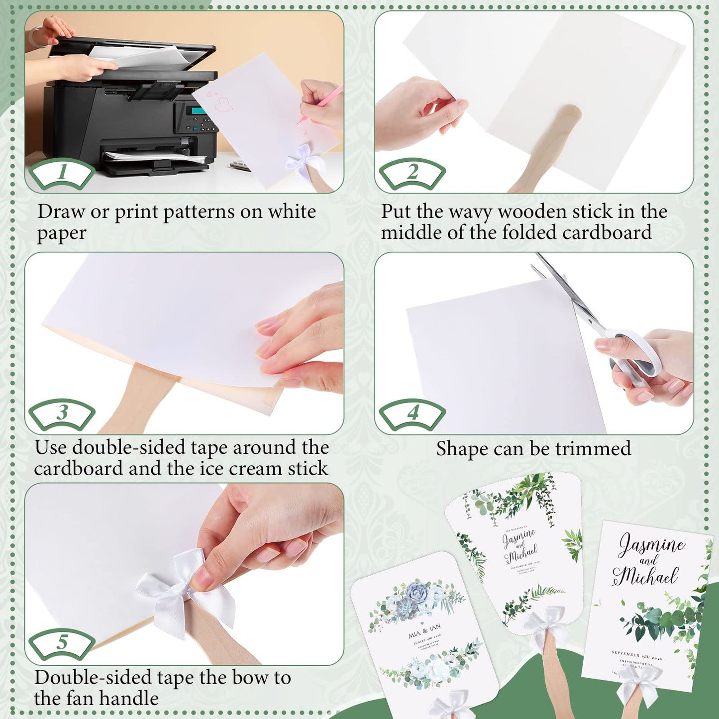 TaoBary 50 Set Church Fan Handheld Set Wedding Fans for Guest Bulk, Personalized Custom Fans Kit with Wavy Wooden Sticks Blank Cardstock White Bows & Tapecustom