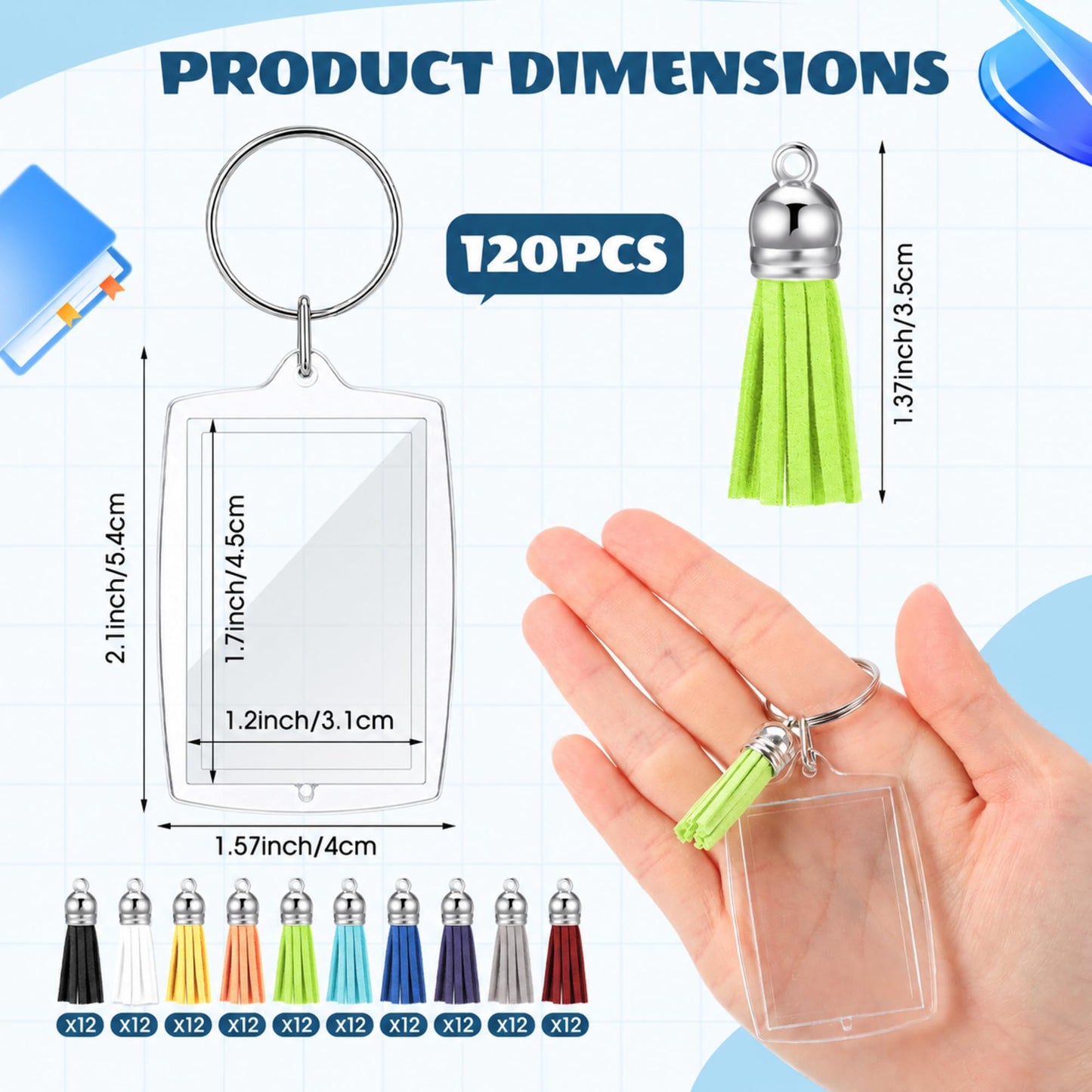 Yaomiao 120 Set Acrylic Photo Keychain with Tassel Clear Blank Custom Keychain Frame Holder Insert Picture Keyring Making Kit (Rectangle)