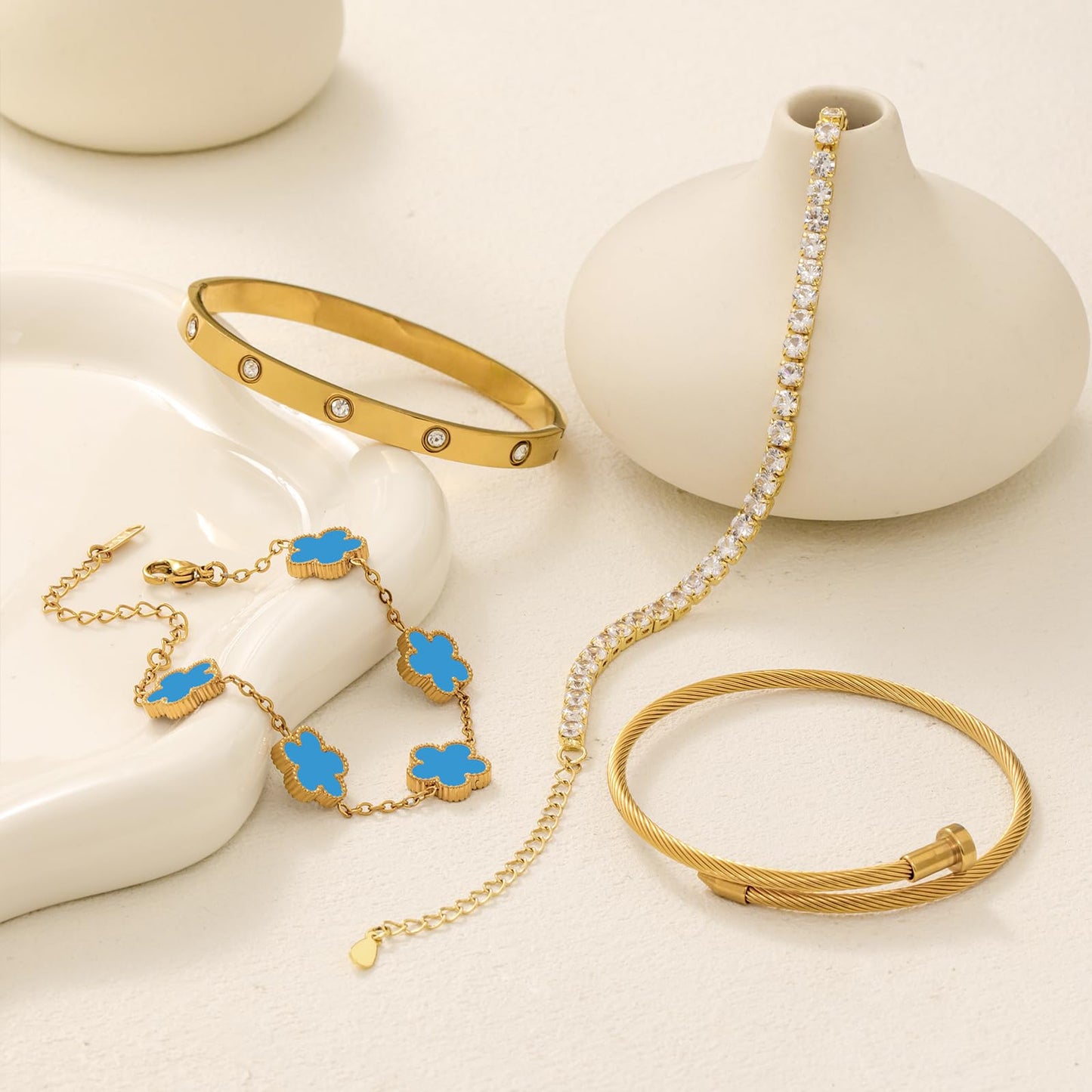 MEIERYA 18K Gold Plated Womens Stackable Floral Bracelets Set,Twisted Cable Bangle,Trendy Jewelry,Waterproof adjustable bracelet,Christmas Birthday Gifts for Girlfriend or Mother. (01-Color-blue)