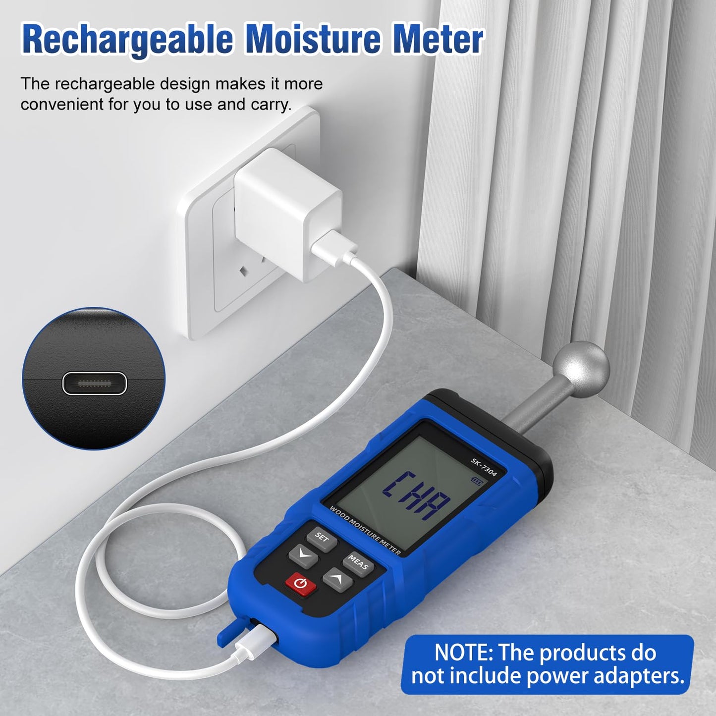 Moisture Meter, Wood Moisture Meter Rechargeable for Drywall Measurement, Pinless Moisture Meter with 20-100mm Measuring Depth for Detecting Humidity Level in Walls, Lumber, Masonry (Blue)