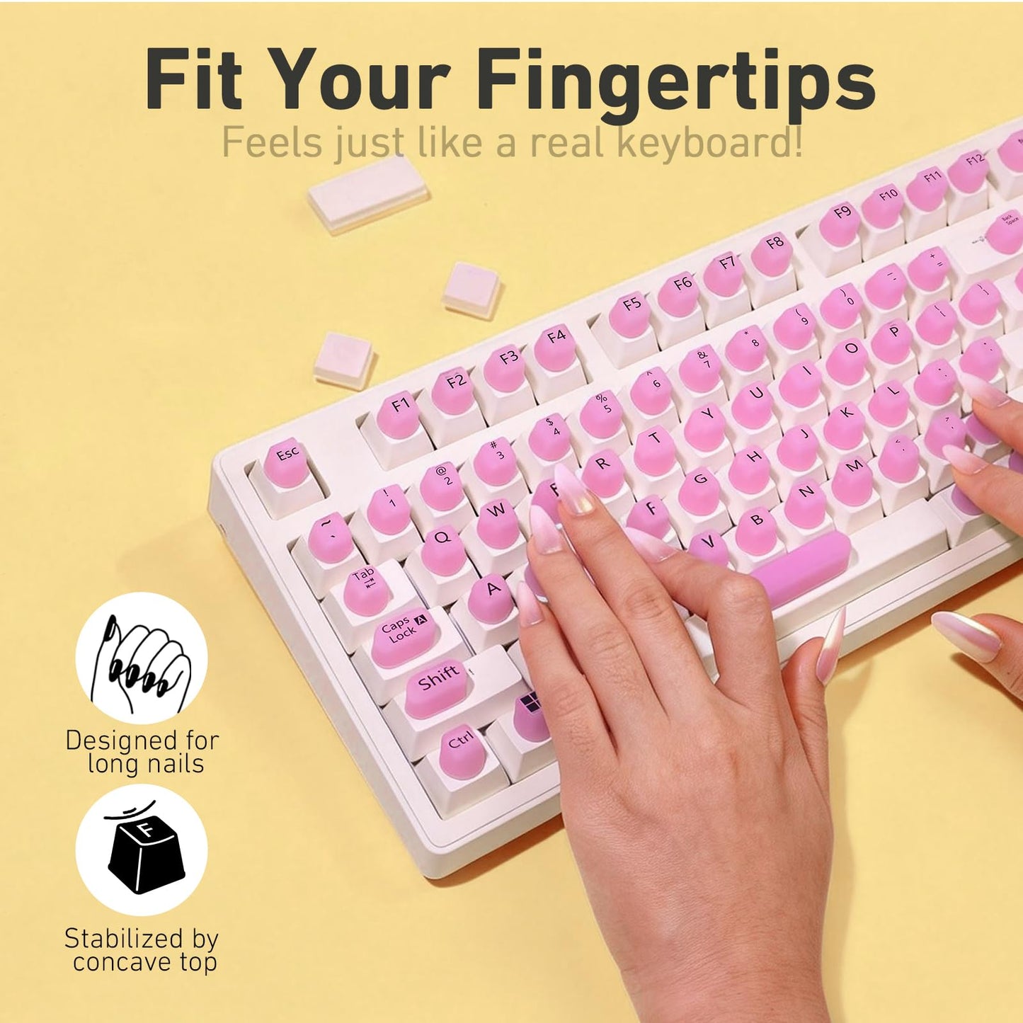 130 Pcs Keyboard Stickers for Long Nails, Ergonomics Raised Keyboard Stickers with Numbers, Self-Adhesive Round-Square PC Keyboard Tabs for Anti-Miss Typing (Pink)