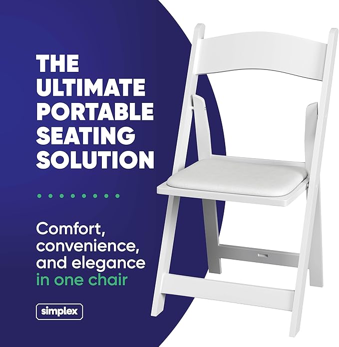 SIMPLEX 48 White Folding Chairs – Resin Stackable Foldable Chairs with Padded Seats – Comfortable White Folding Chairs for Indoor/Outdoor Events – Lightweight Resin Chairs (48 Pack)