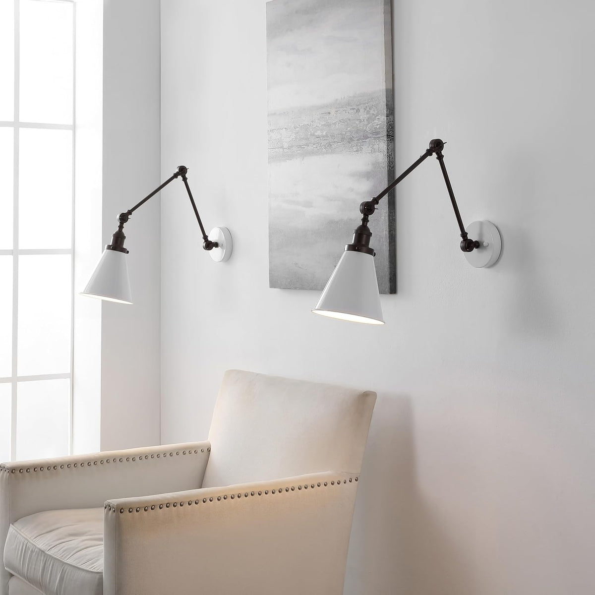 JONATHAN Y JYL7462C-SET2 Rover 7" Classic Industrial Metal Adjustable Arm LED Wall Sconce, White/Oil Rubbed Bronze (Set of 2) for Bedroom, Bathroom, Vanity