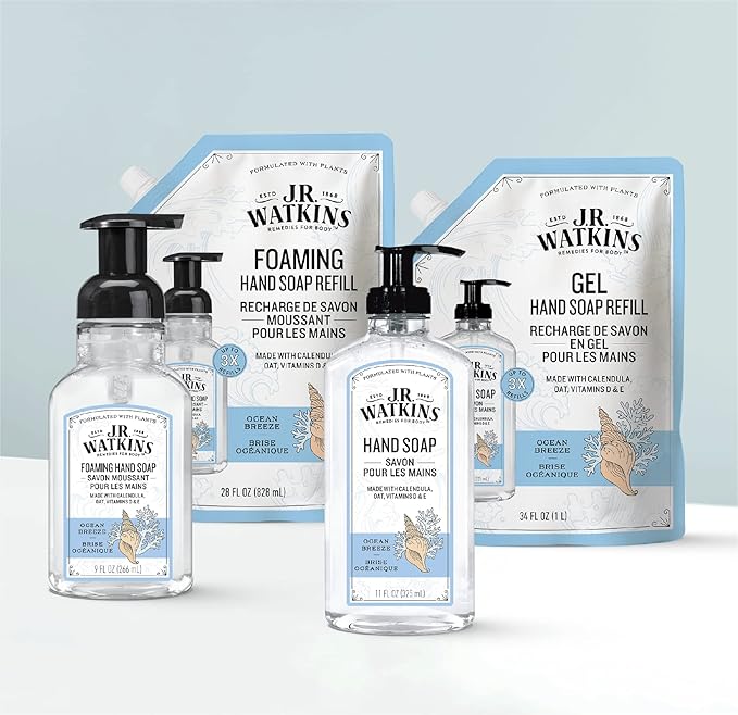J.R. Watkins Foaming Hand Soap with Pump Dispenser, Moisturizing Foam Hand Wash, Alcohol-Free, Cruelty-Free, Ocean Breeze, 9 fl oz, 3 Pack