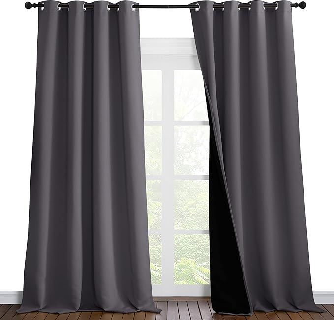 NICETOWN Total Shade Curtains and Draperies, Heavy-Duty Full Light Shading Drapes with Black Liner Backing for Villa/Hall/Dorm Window（Gray, Package of 2 Panels, 55 inches Wide x 96 inches Long