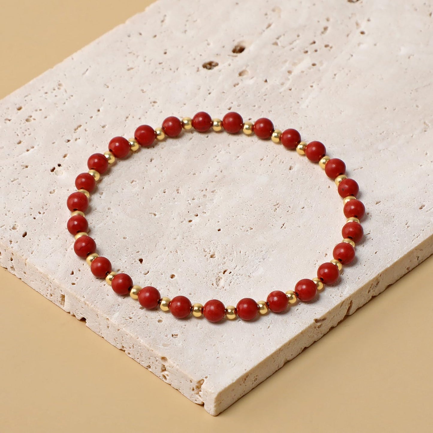 QOGIR Red Jasper - Zen Stone - 14K Gold Plated Beads Natural Gemstone Stretch Elastic Dainty Healing Beaded Bracelets Gifts 4mm