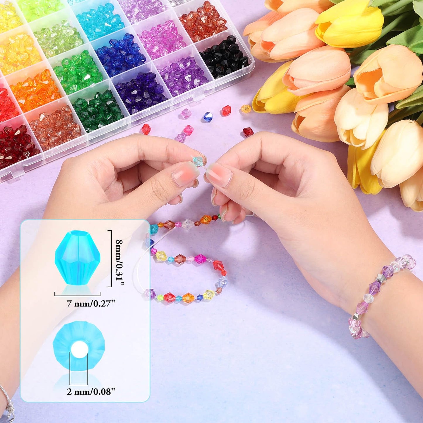PAXCOO 1120Pcs Crystal Acrylic Bicone Beads for Jewelry Making, 28 Colors, 8 MM