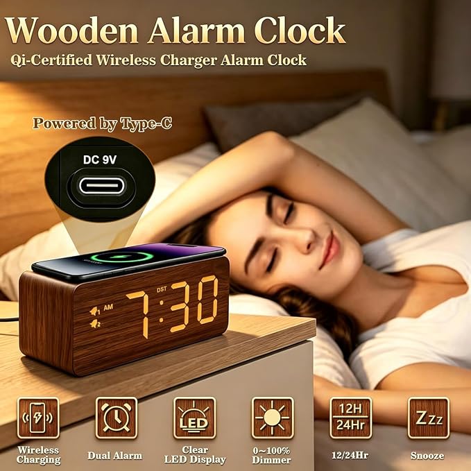 URAYCO Wood Digital Alarm Clock with 10W Fast Wireless Charger, USB Charging Ports, DST, Dimmable, Snooze, Large Number LED Display for Bedrooms, Desk, Living Room Table, Bedside, Nightstand (Brown)