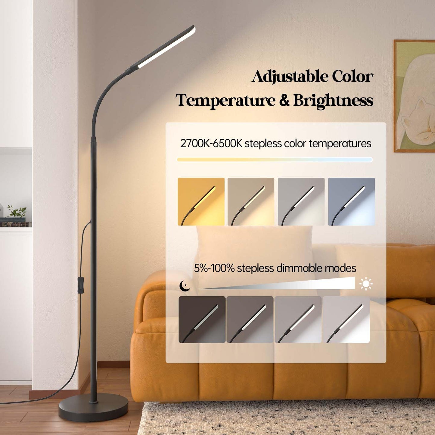 Aisutha LED Floor Lamp, 18W Super Bright Floor Lamp for Living Room, Adjustable Stepless Colors & Brightness Standing Lamp, Eye Caring Reading Light with Remote