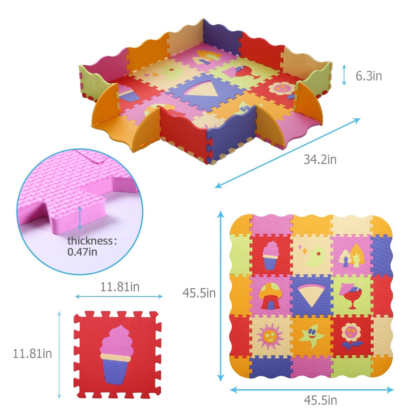 Foam Play Mat for Kids，25Pcs Square Interlocking Puzzle Floor Mat，Baby Play Mat Floor Mat Foam Puzzle Playmat for Toddlers with Fence