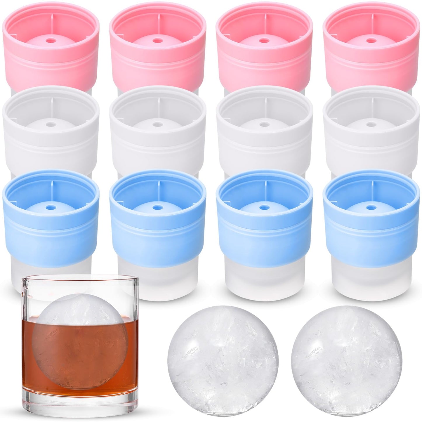 SiliFine 12 Pcs Silicone Sphere Ice Ball Mold Maker, Stackable Easy Release Circle Round Ice Cube Mold with Lids for Whiskey, Cocktails, Bourbon, and Drinks(Blue, Pink, White)